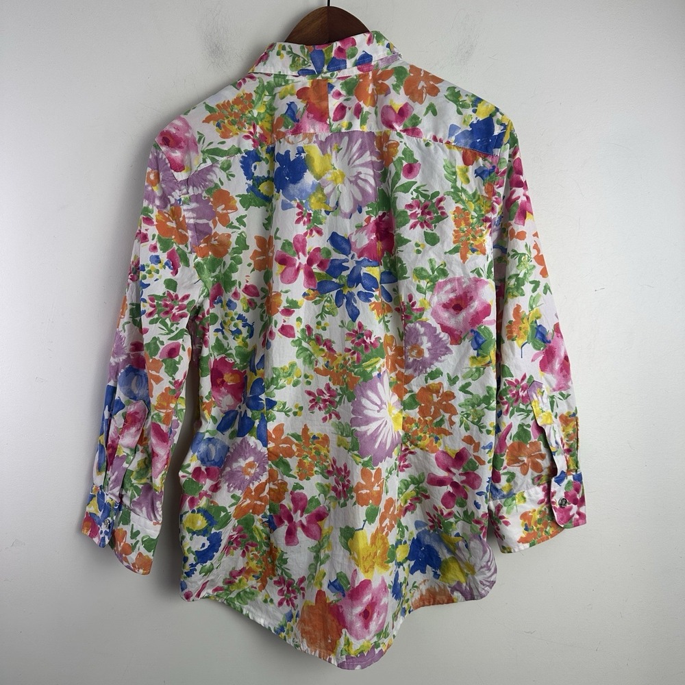 Chaps Classics 100% cotton pink Floral print 3/4 sleeve button front shirt L - Picture 4 of 8